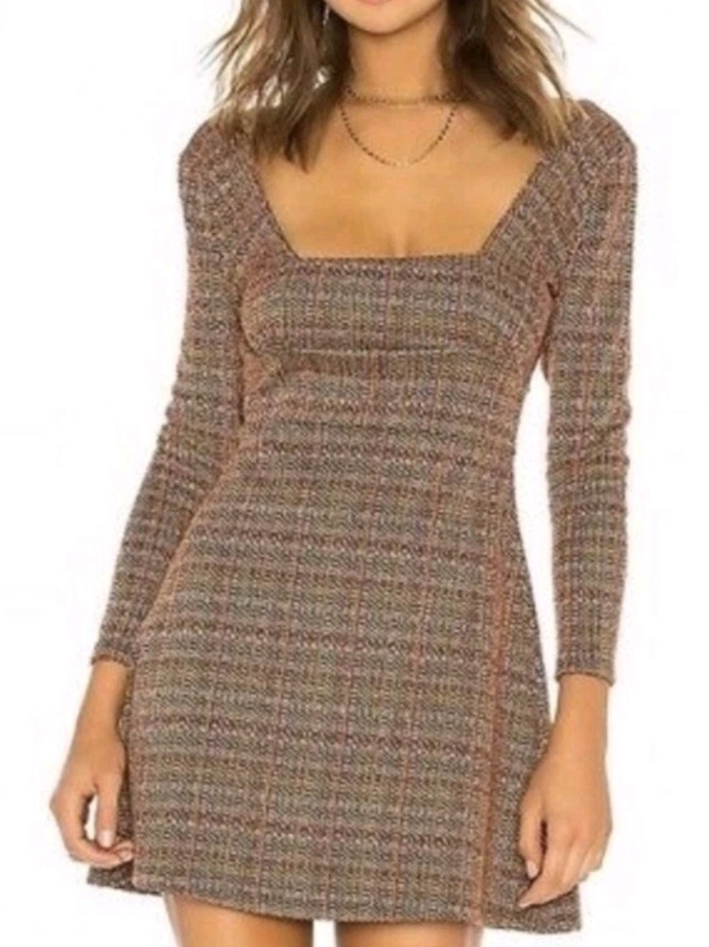 Free People Multitone Brown Knit Square Neck Mini Dress